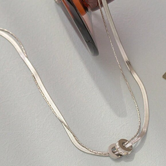 Silver Casual Women's Stainless Steel Round Cz Inlaid Double Layer Necklace - Picture 12 of 14